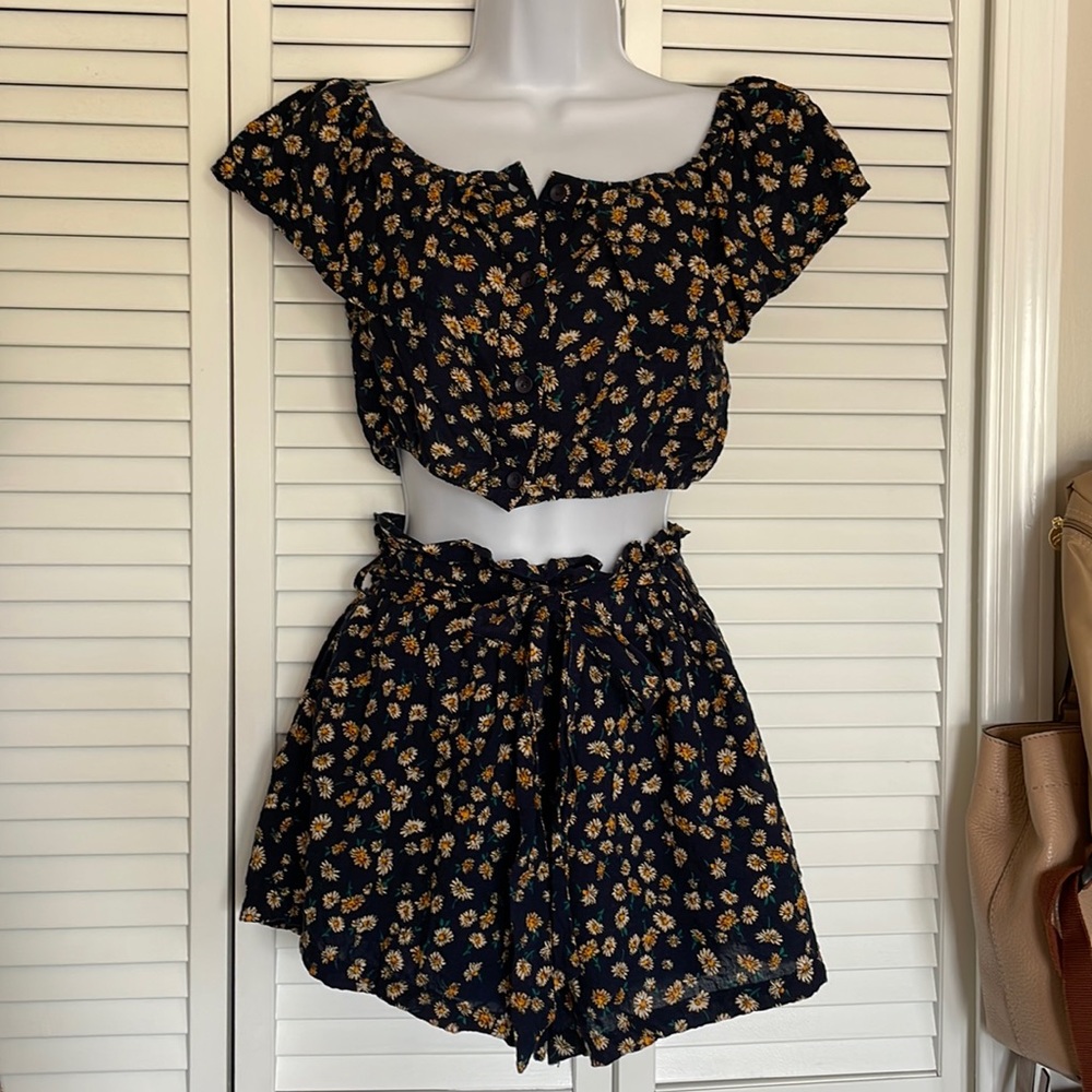 Two Piece Navy Daisy OTS Short Set